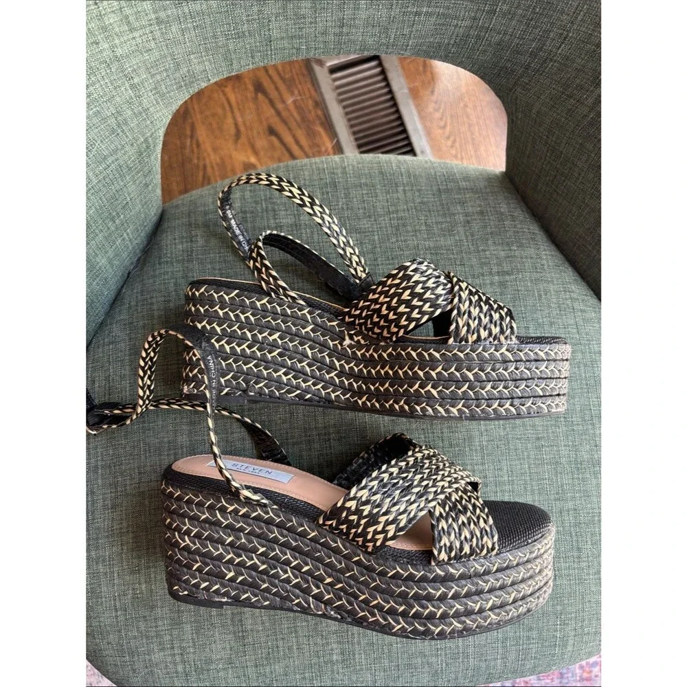 Steven women woven Black Natural tan Platform Sandals strappy resort 8.5 summer